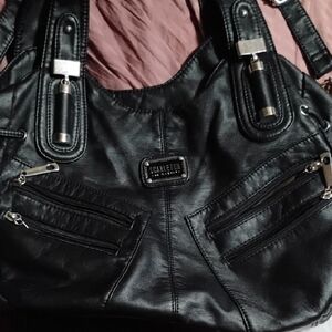 Black Faux Leather Shoulder Bag with Dual Front Zips